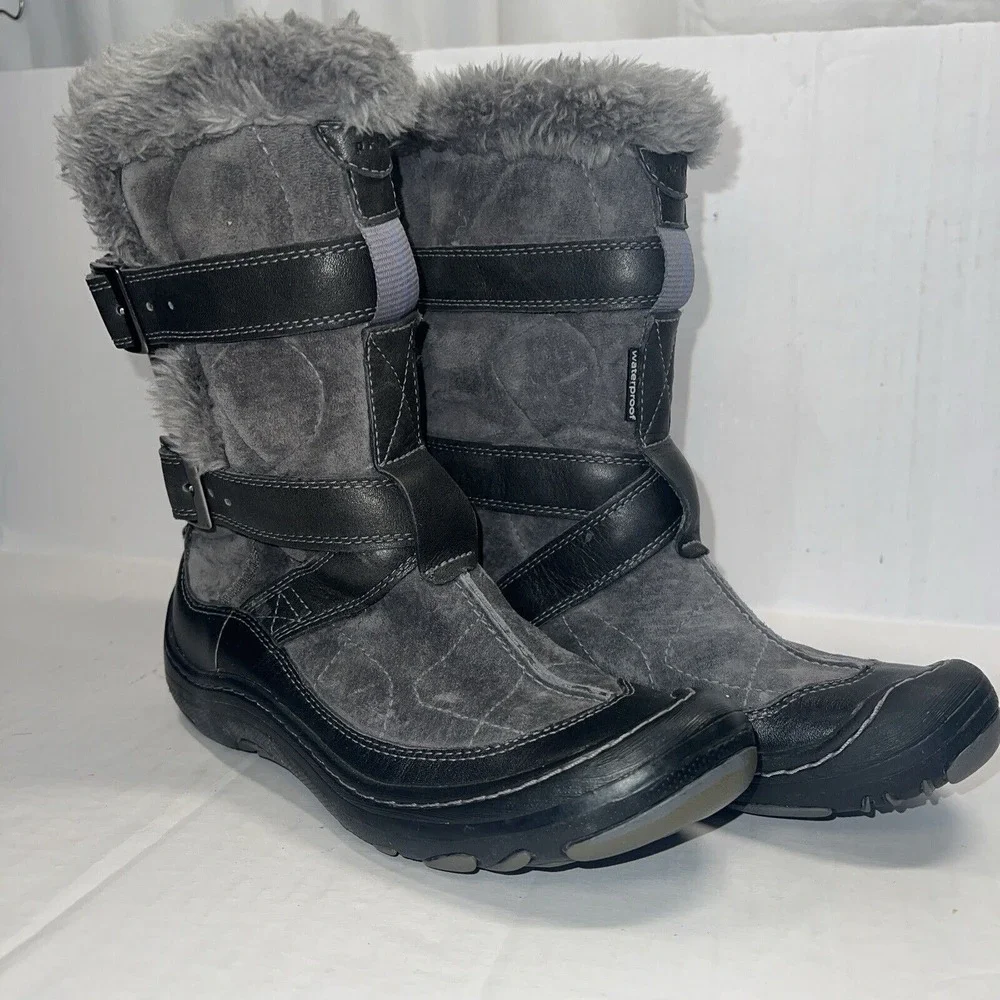 PRIVO Waterproof Winter Boots Women Size 6 Fur Lined Buckle Gray Black‎ Gorpcore